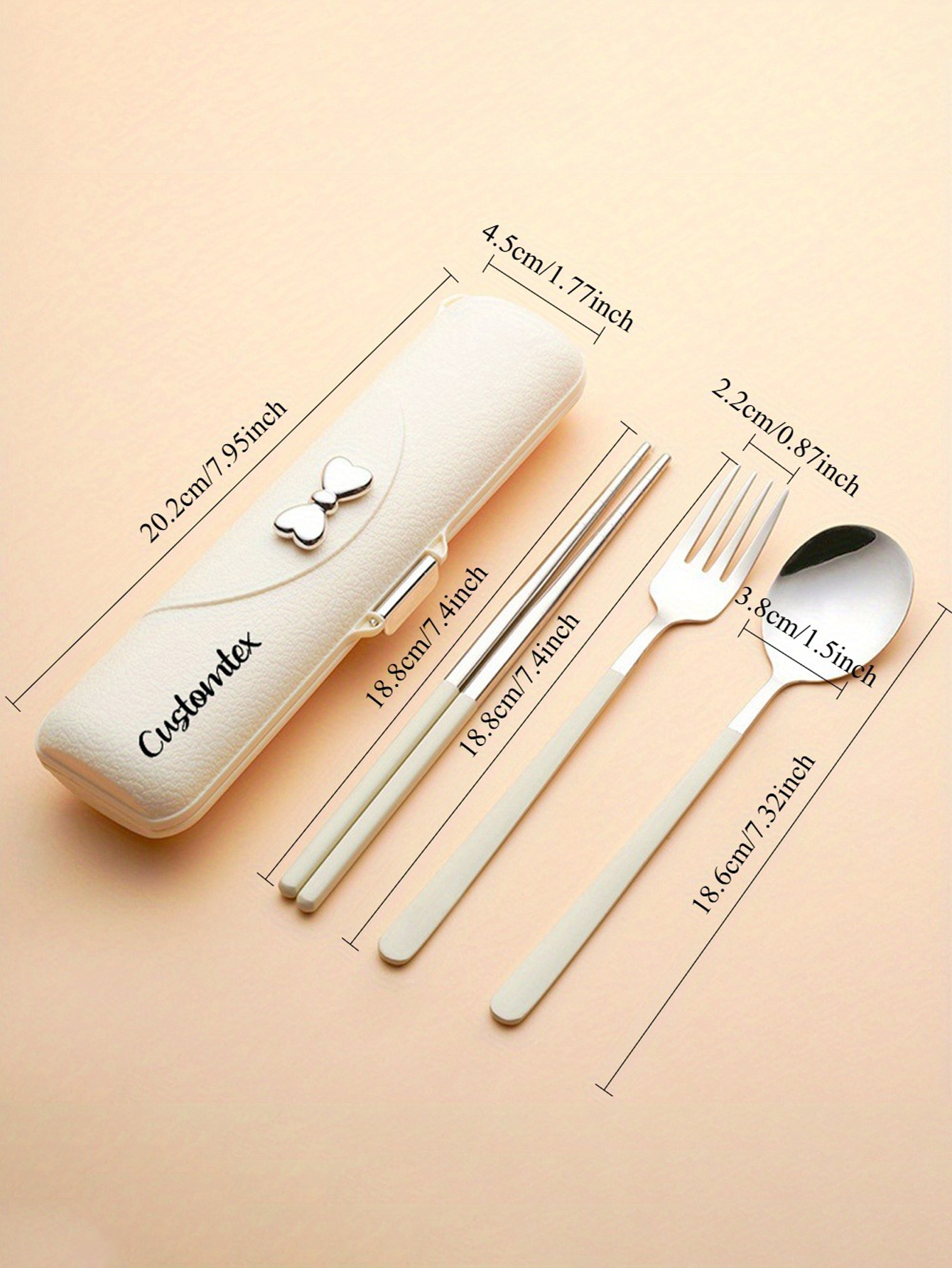 ustom Text Bow Portable Cutlery Set - Stainless Steel Spoon, Fork, and Chopsticks Trio with Plastic Handles, Includes Spoon, Fork, Chopsticks, and Storage Case